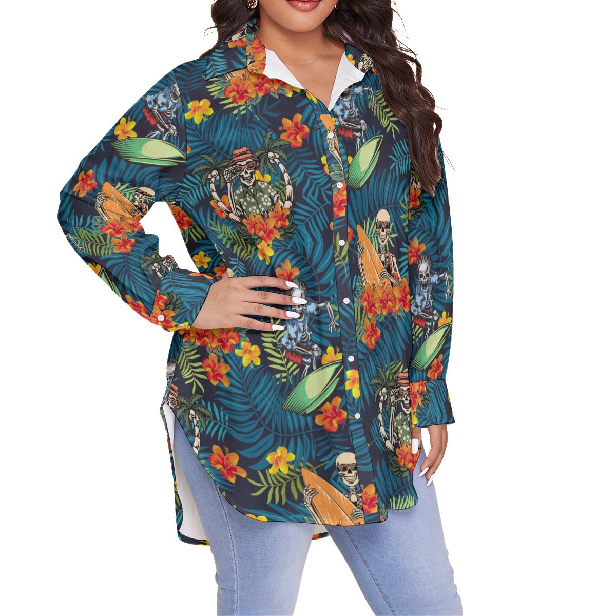 Tropical Surfing Skeleton Hawaiian Plus Size Shirt For Women