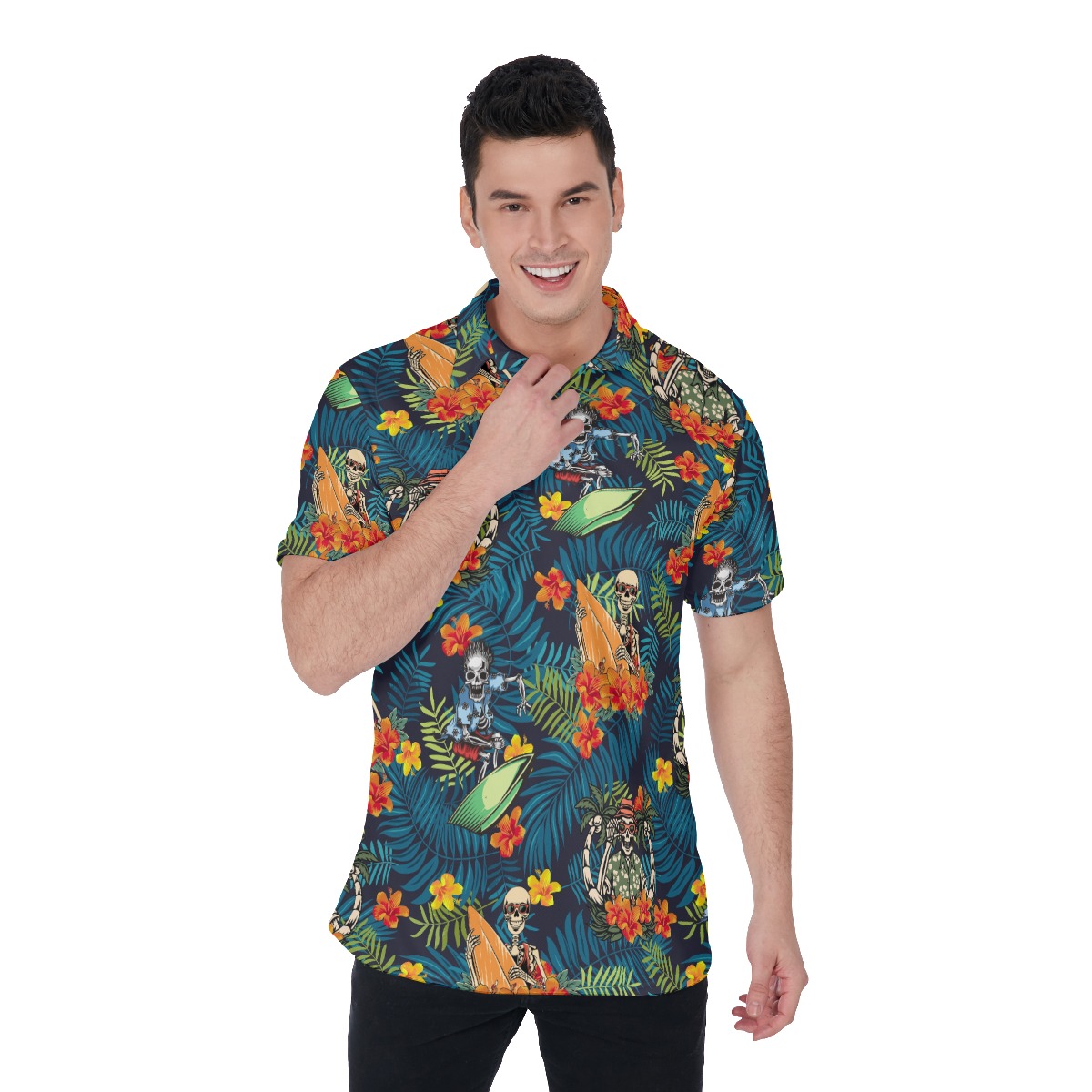 Tropical Skeleton Surfing Hawaiian Polo Shirt For Men - variant image 1