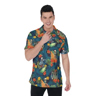 Tropical Skeleton Surfing Hawaiian Polo Shirt For Men