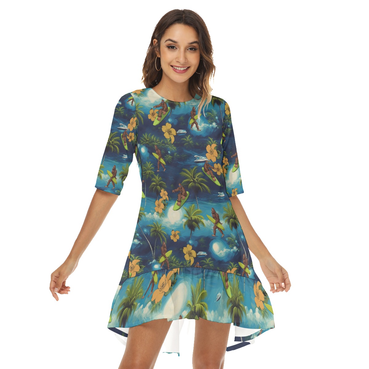 Funny Bigfoot Surfing Hawaiian Dress With Ruffle Hem - variant image 1