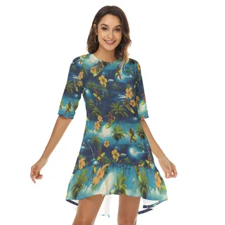 Funny Bigfoot Surfing Hawaiian Dress With Ruffle Hem