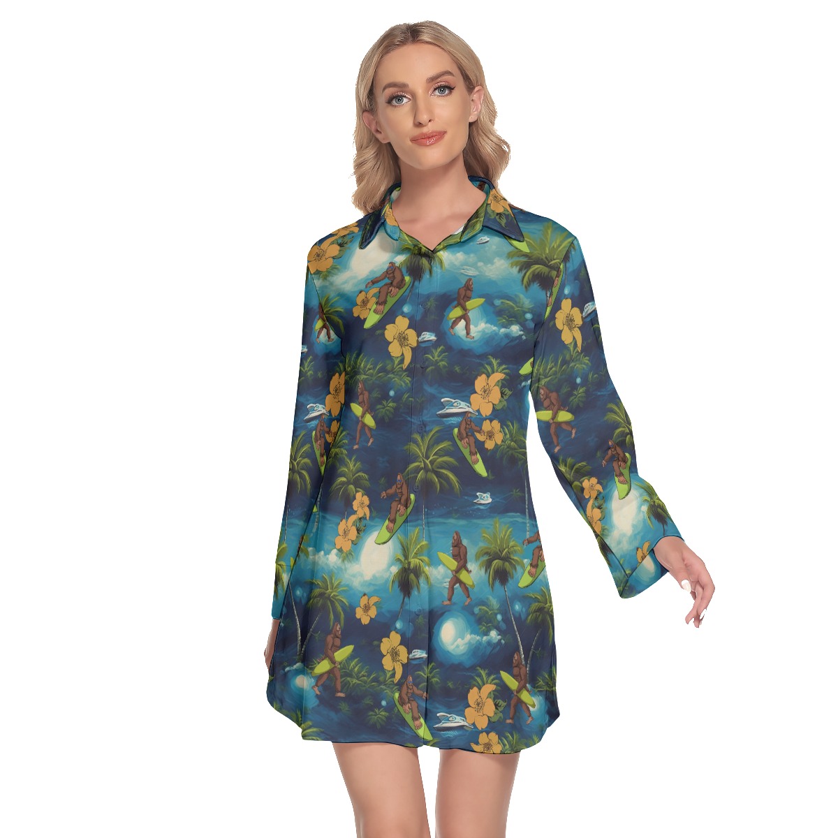 Bigfoot Surfing Tropical Hawaiian Shirt Dress With Long Sleeve For Women - variant image 1