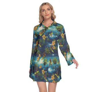 Bigfoot Surfing Tropical Hawaiian Shirt Dress With Long Sleeve For Women