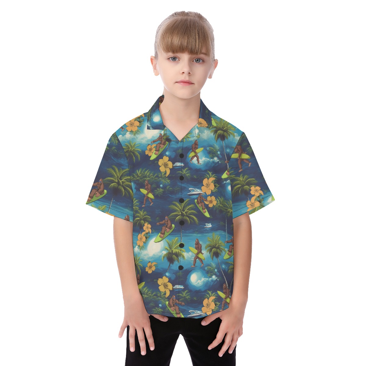 Cute Bigfoot Surfing Tropical Aloha Shirt For Kids - variant image 1