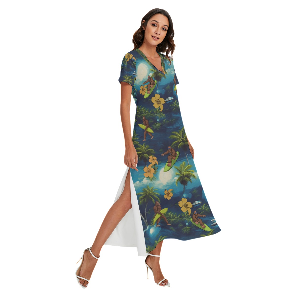 Bigfoot Surfing Tropical Hawaiian V-neck Dress With Side Slit - variant image 1