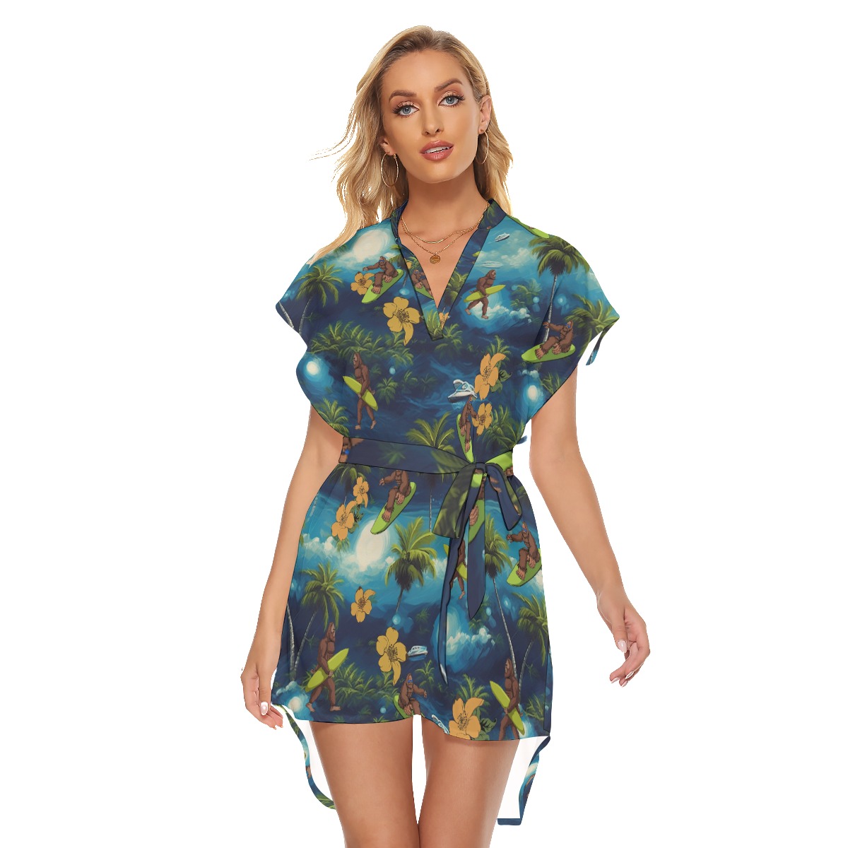 Bigfoot Surfing Tropical Hawaiian Dress With Belt - variant image 1