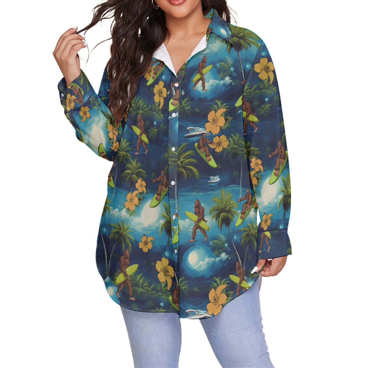 Palm Tree Bigfoot Surfing Hawaiian Plus Size Shirt For Women - variant image 1