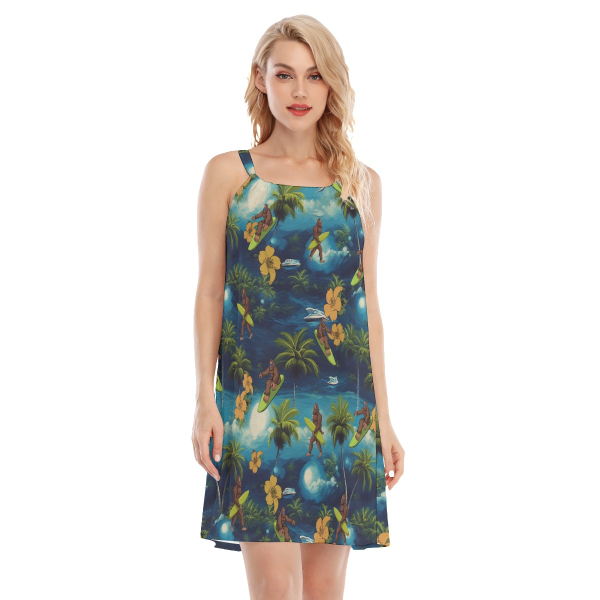 Funny Bigfoot Surfing Tropical Blue Hawaiian Cami Dress For Summer - variant image 1