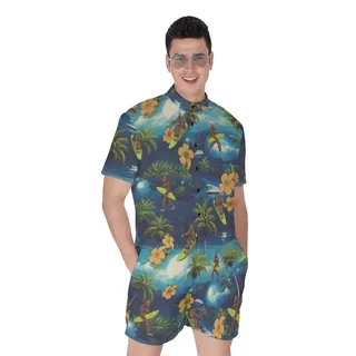 Funny Bigfoot Surfing Tropical Men's Hawaiian Romper