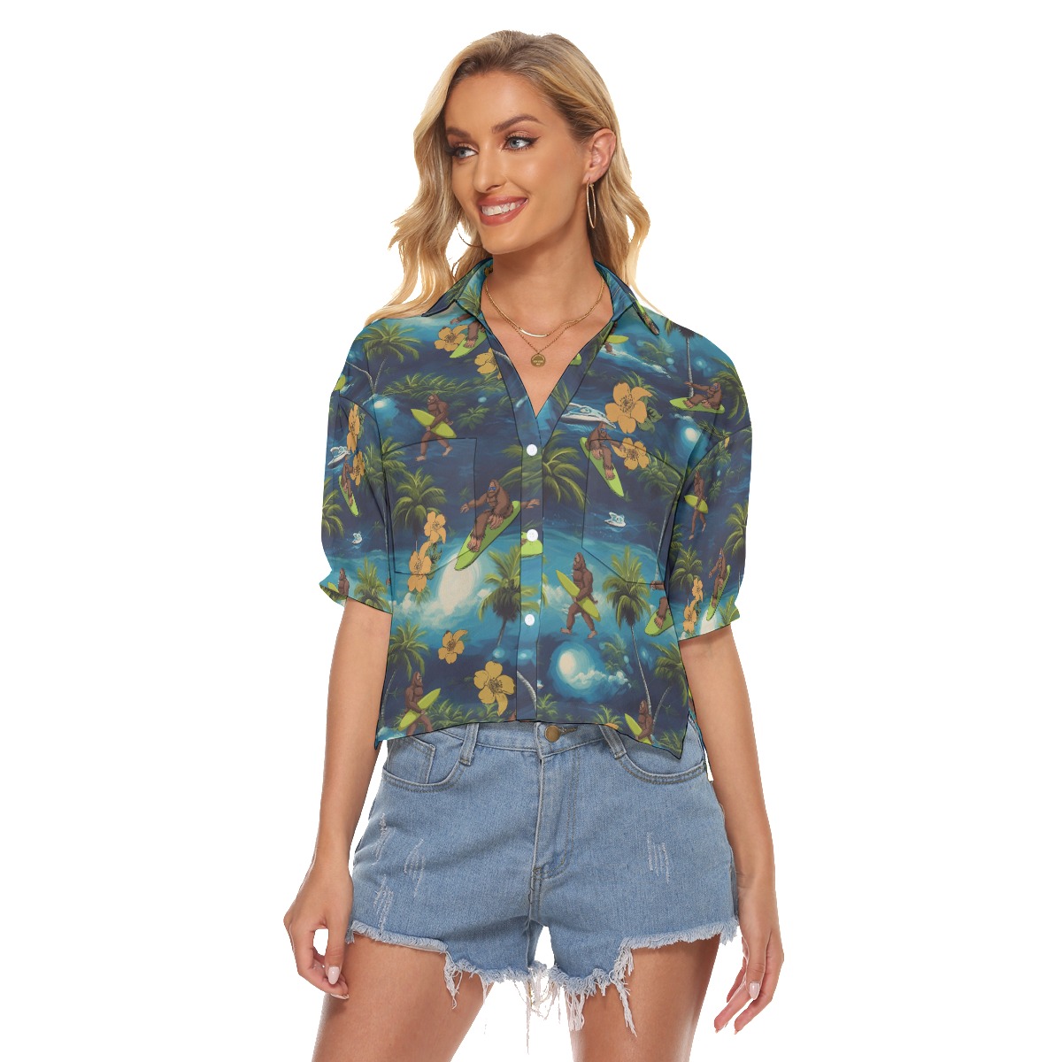 Funny Bigfoot Surfing Palm Tree Hawaiian Cropped Shirt For Women - variant image 1