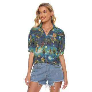 Funny Bigfoot Surfing Palm Tree Hawaiian Cropped Shirt For Women