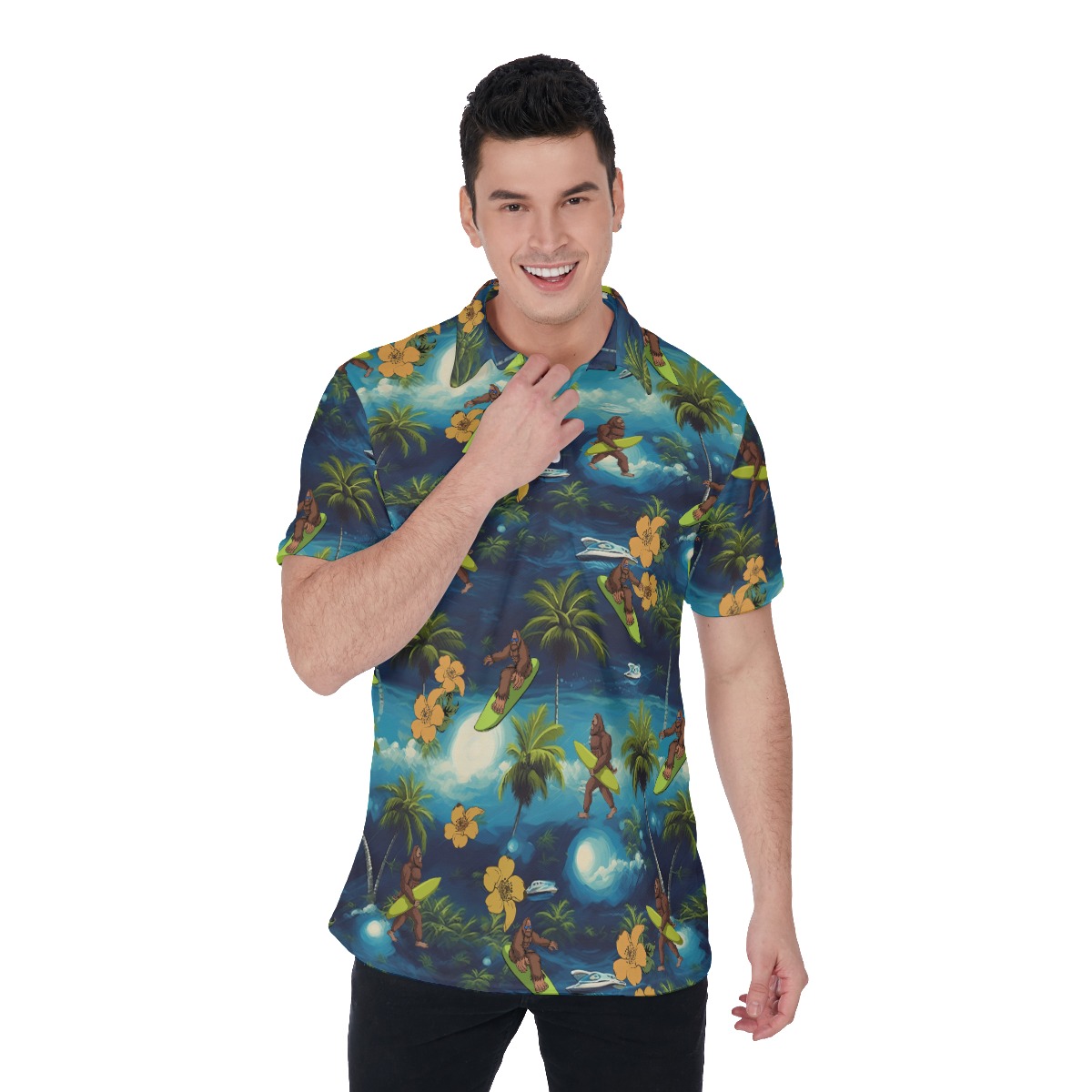 Tropical Palm Tree Bigfoot Surfing Hawaiian Polo Shirt - variant image 1