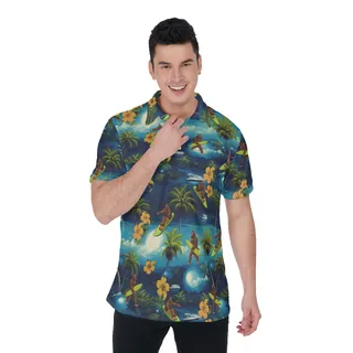 Tropical Palm Tree Bigfoot Surfing Hawaiian Polo Shirt