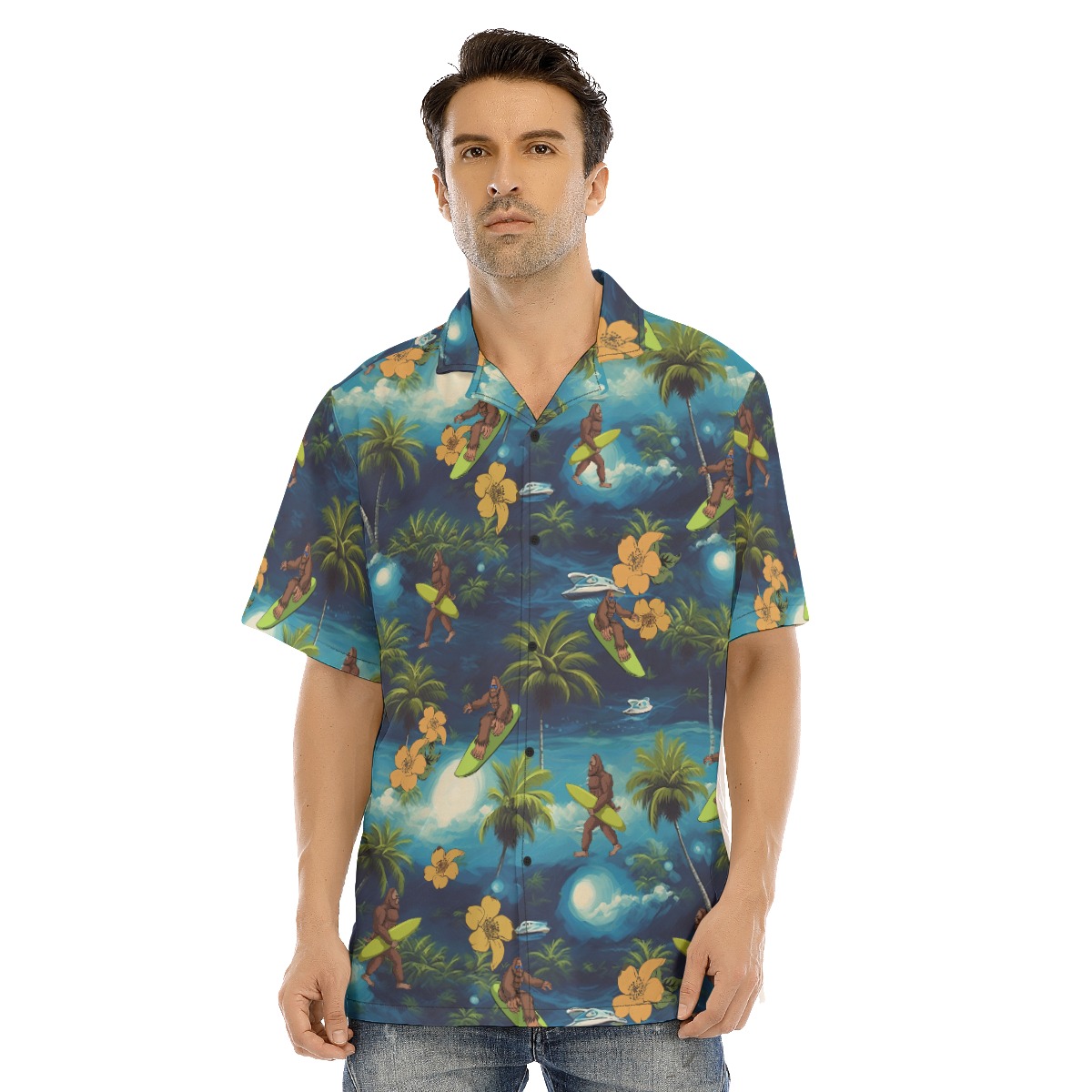 Funny Bigfoot Surfing Tropical Blue Hawaiian Shirt - variant image 1
