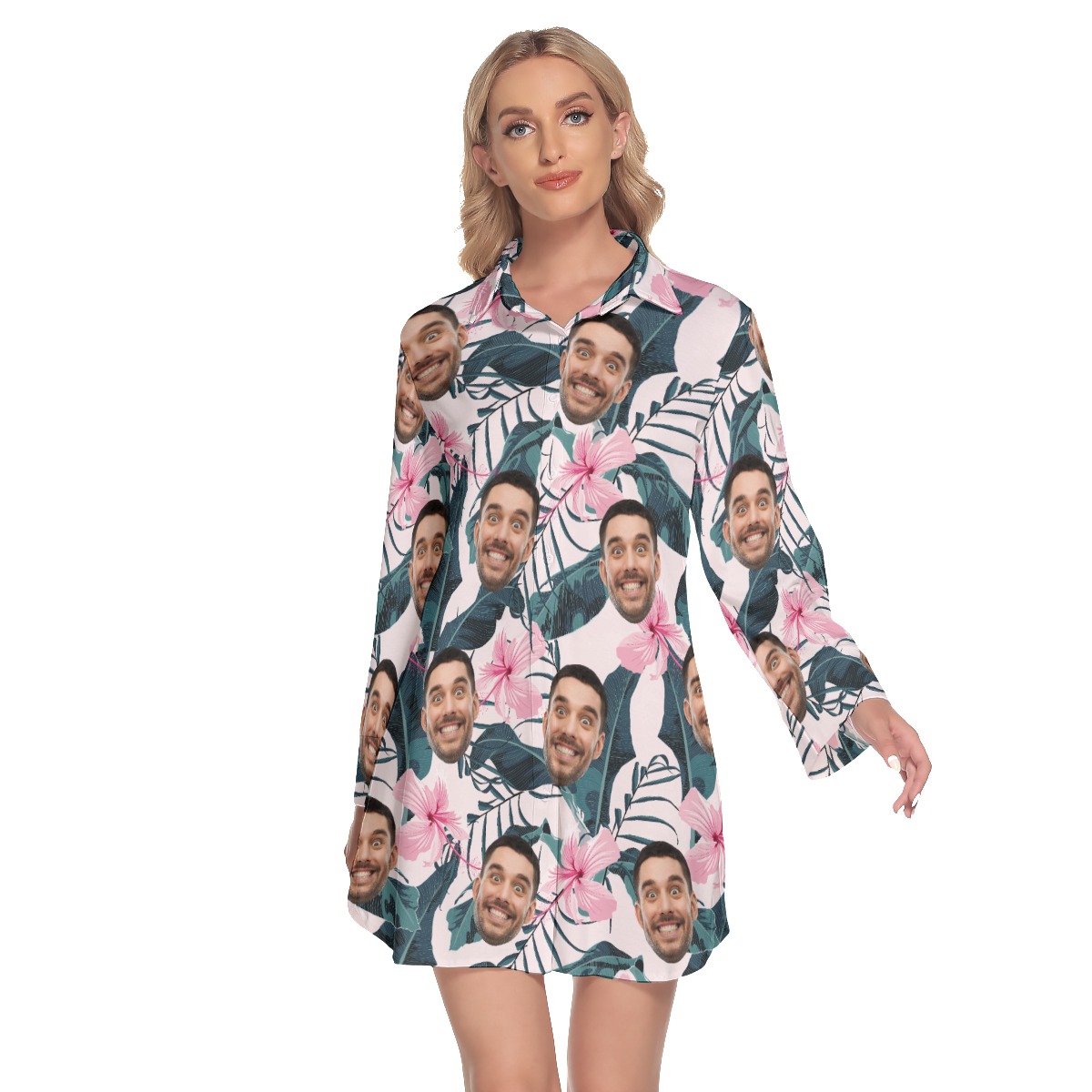 Pink Floral Custom Face Women's Hawaiian Dress Shirt - variant image 1