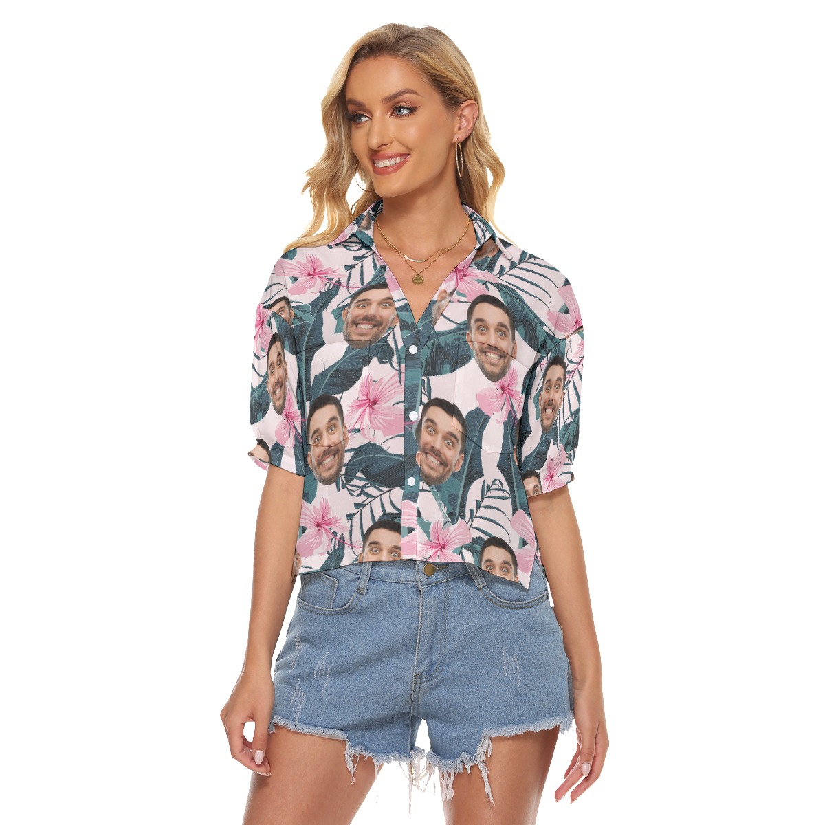 Custom Faces Hawaiian Cropped Shirt For Girls - variant image 1