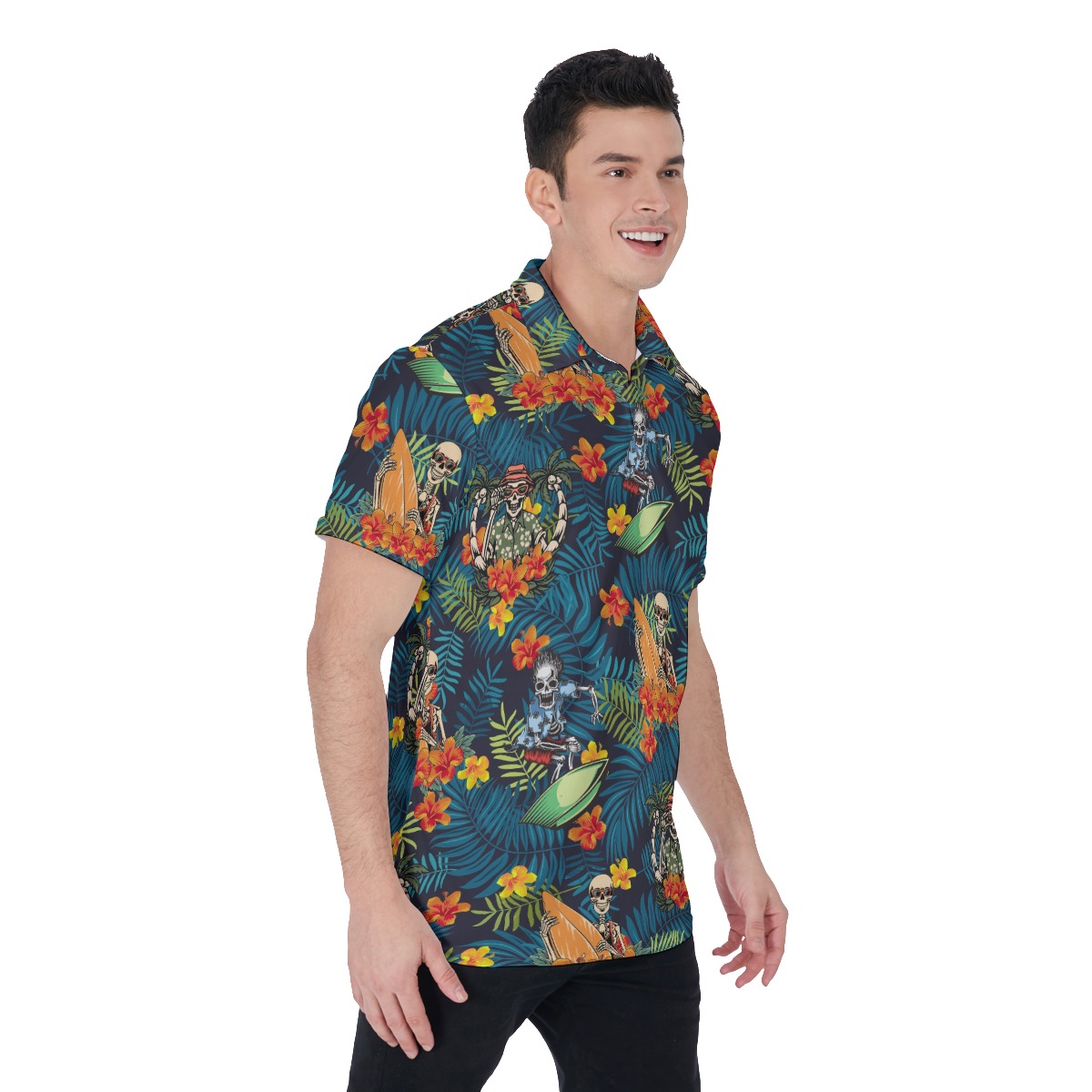 Tropical Skeleton Surfing Hawaiian Polo Shirt For Men