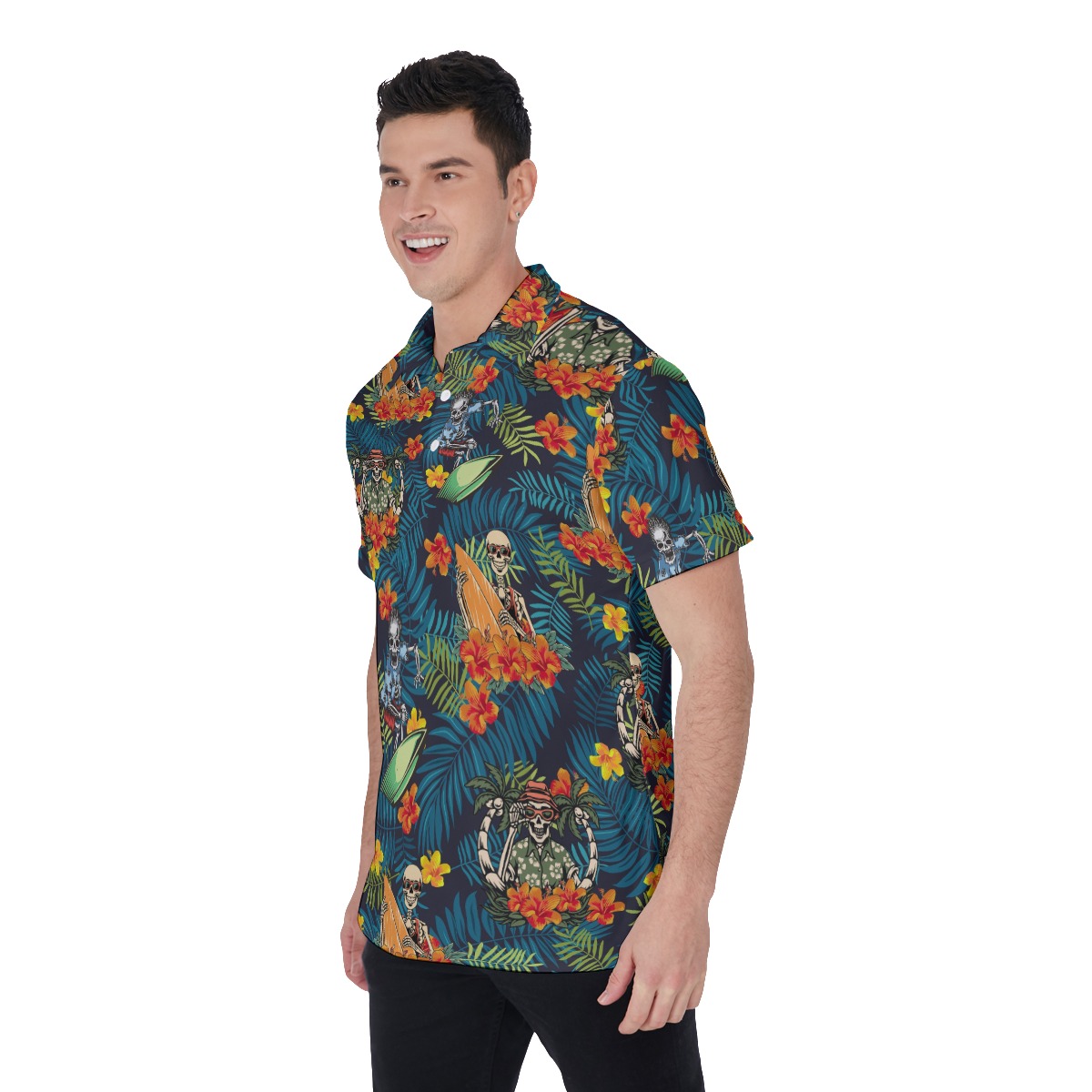 Tropical Skeleton Surfing Hawaiian Polo Shirt For Men