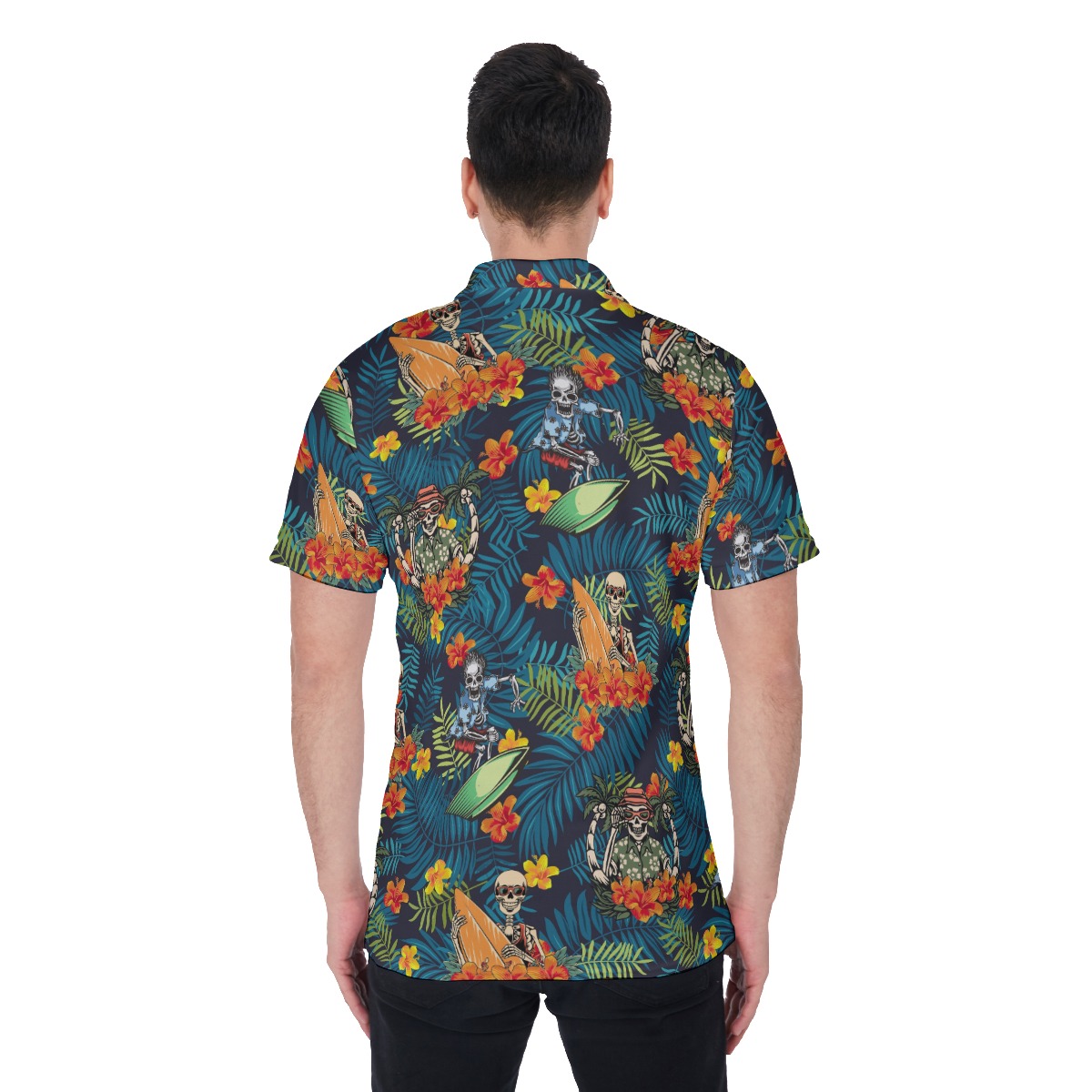 Tropical Skeleton Surfing Hawaiian Polo Shirt For Men