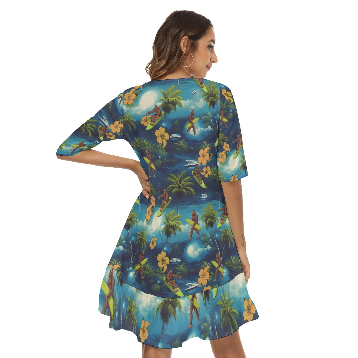 Funny Bigfoot Surfing Hawaiian Dress With Ruffle Hem