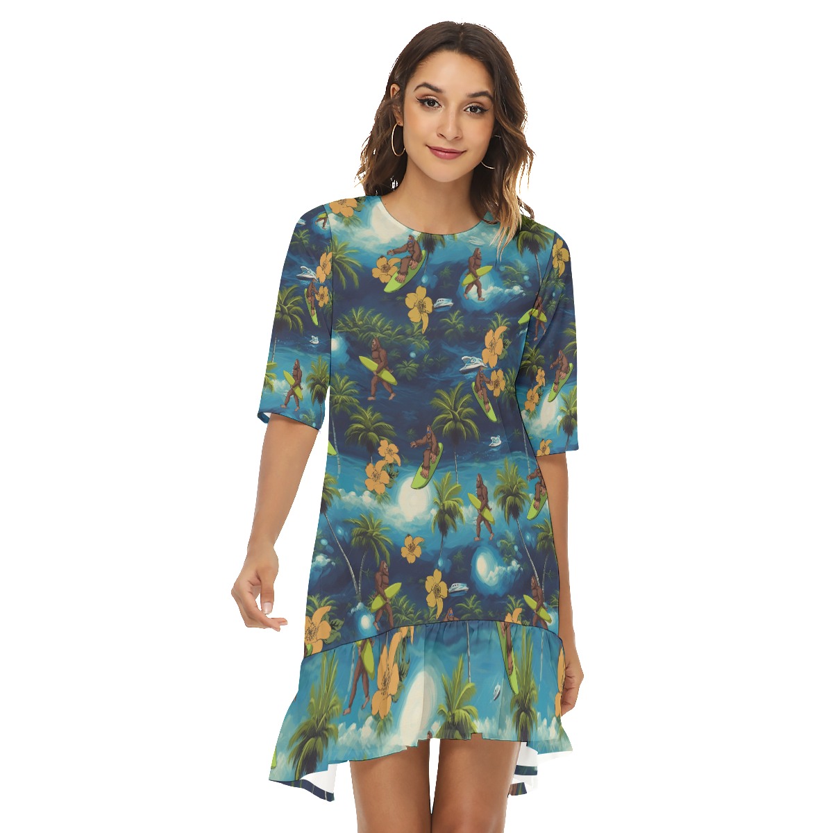 Funny Bigfoot Surfing Hawaiian Dress With Ruffle Hem