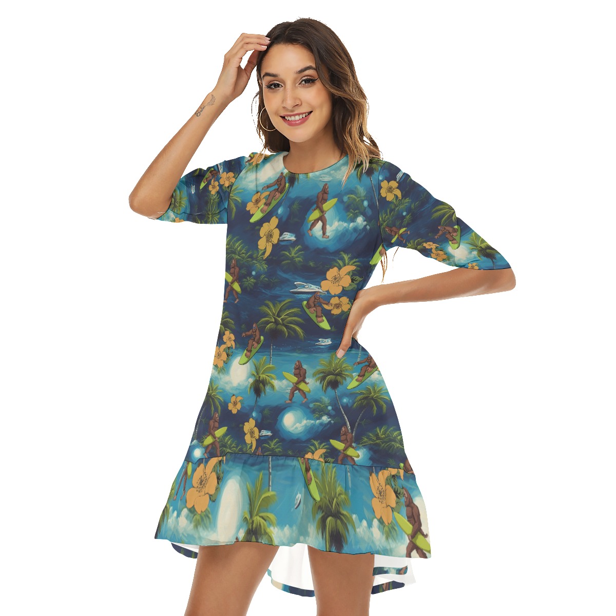 Funny Bigfoot Surfing Hawaiian Dress With Ruffle Hem