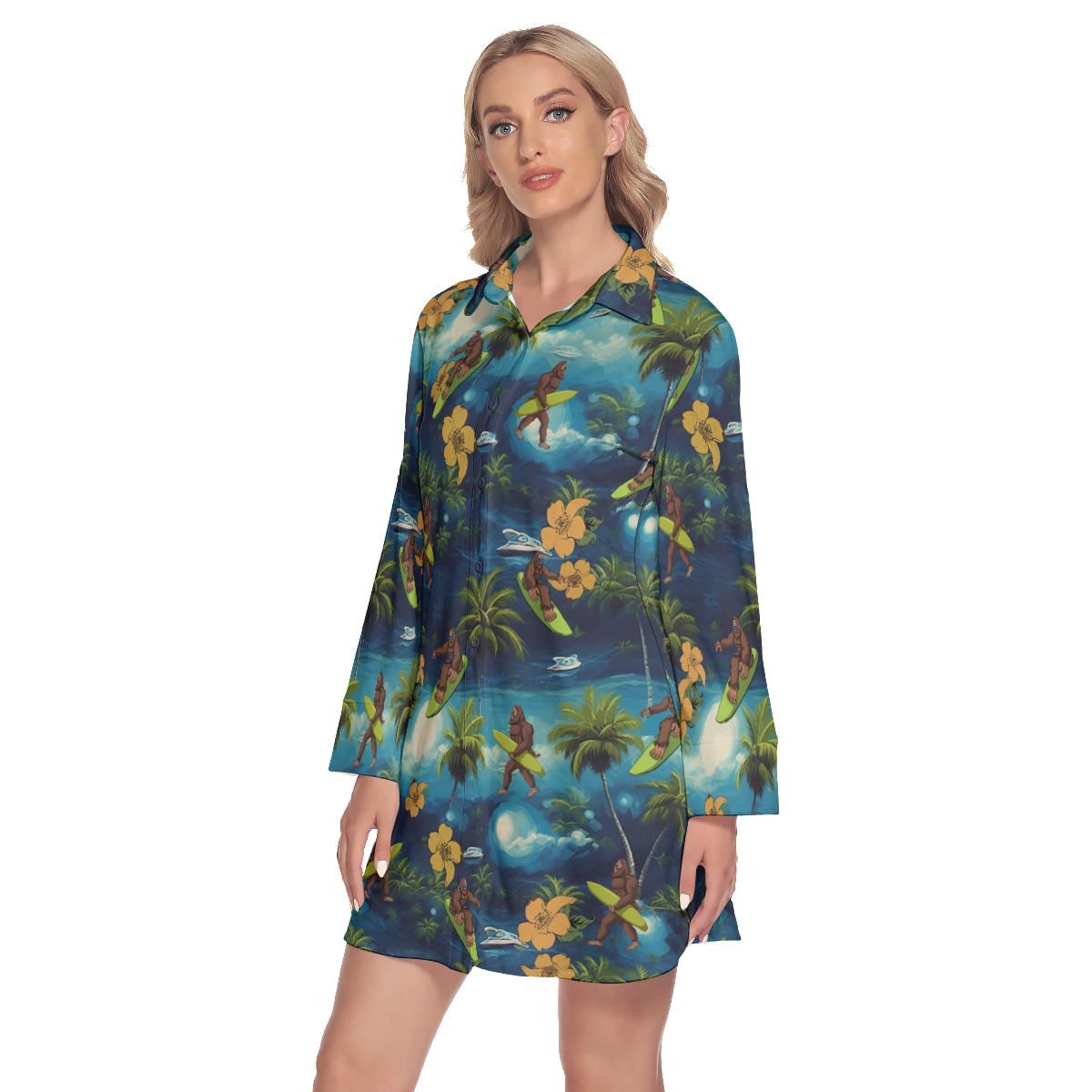 Bigfoot Surfing Tropical Hawaiian Shirt Dress With Long Sleeve For Women