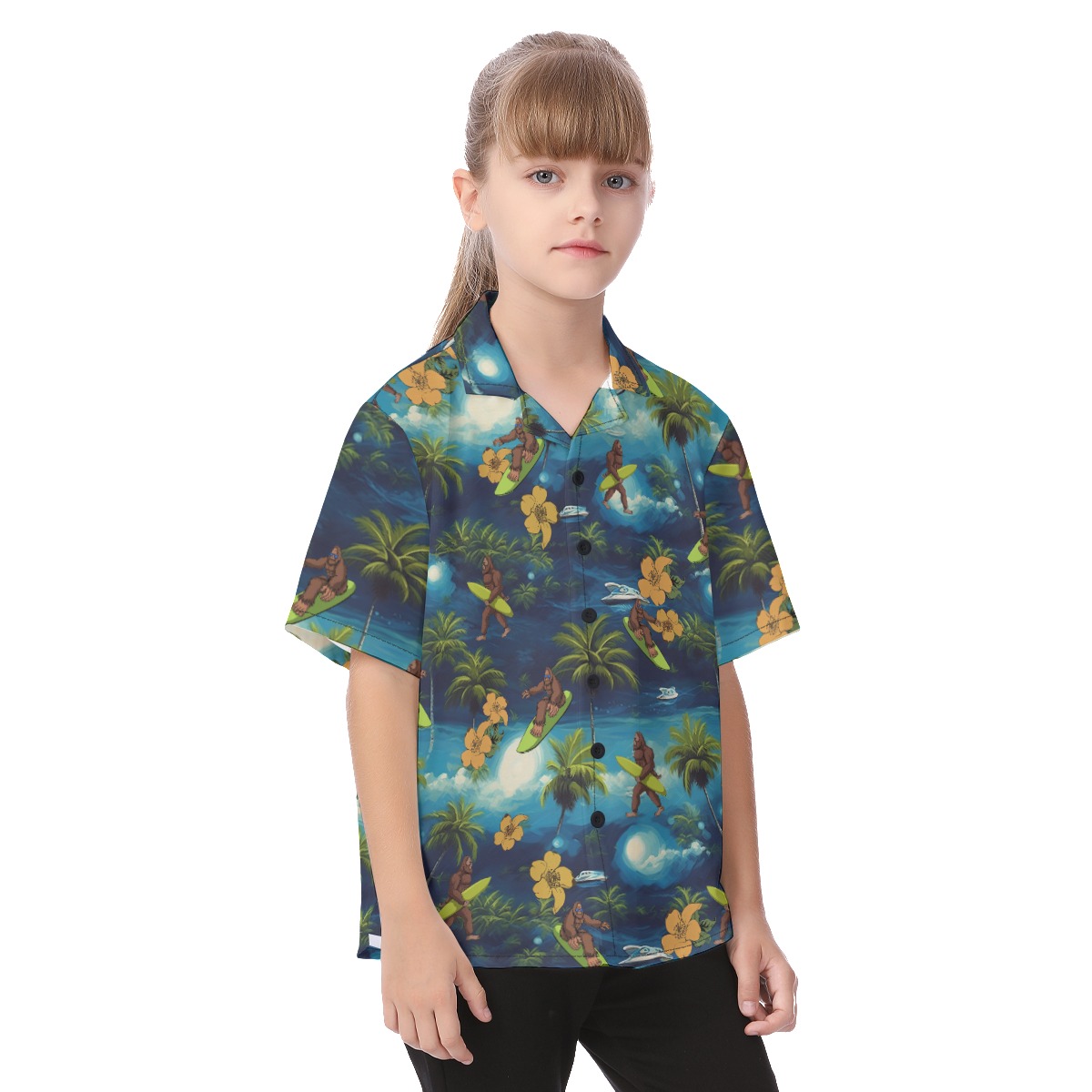 Cute Bigfoot Surfing Tropical Aloha Shirt For Kids