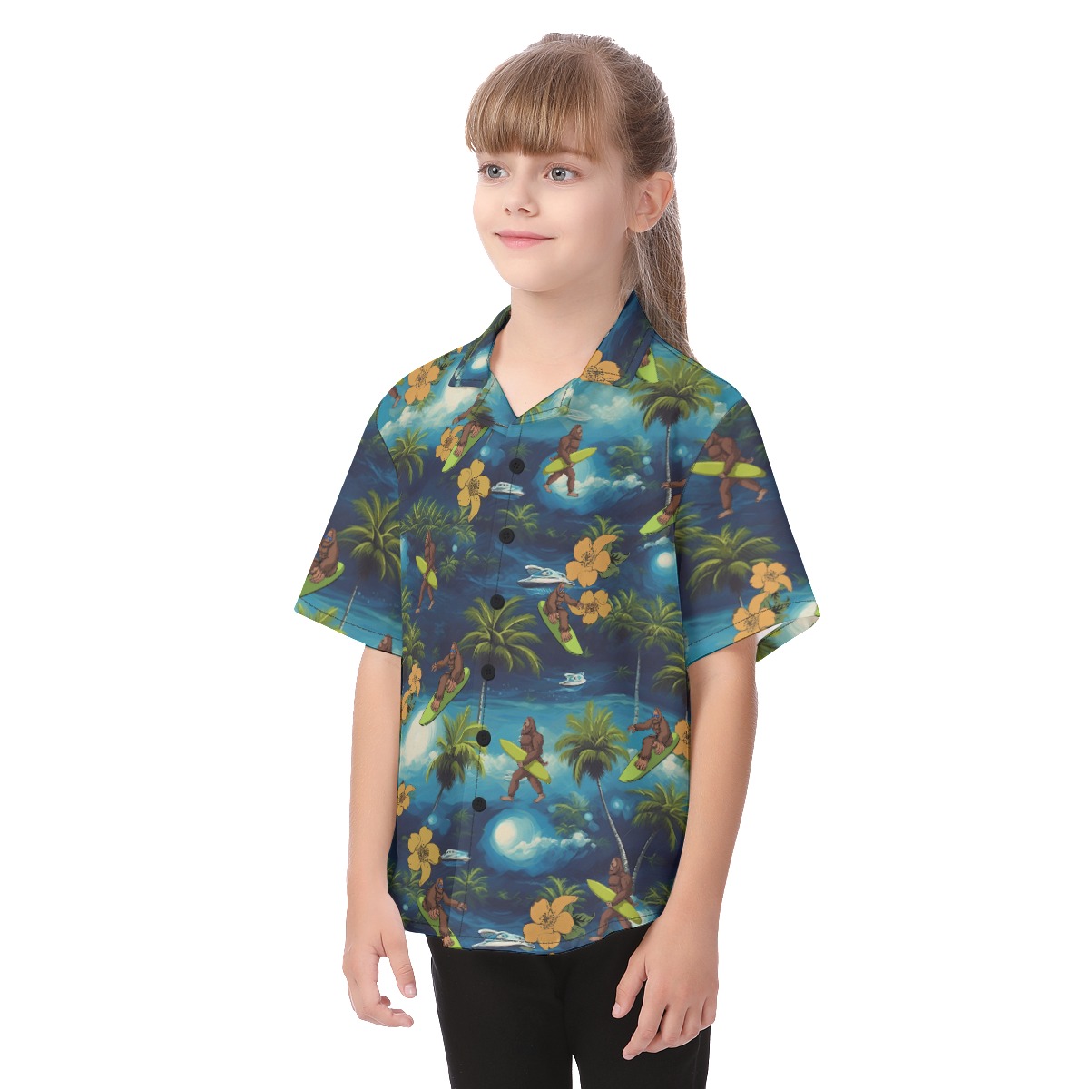 Cute Bigfoot Surfing Tropical Aloha Shirt For Kids