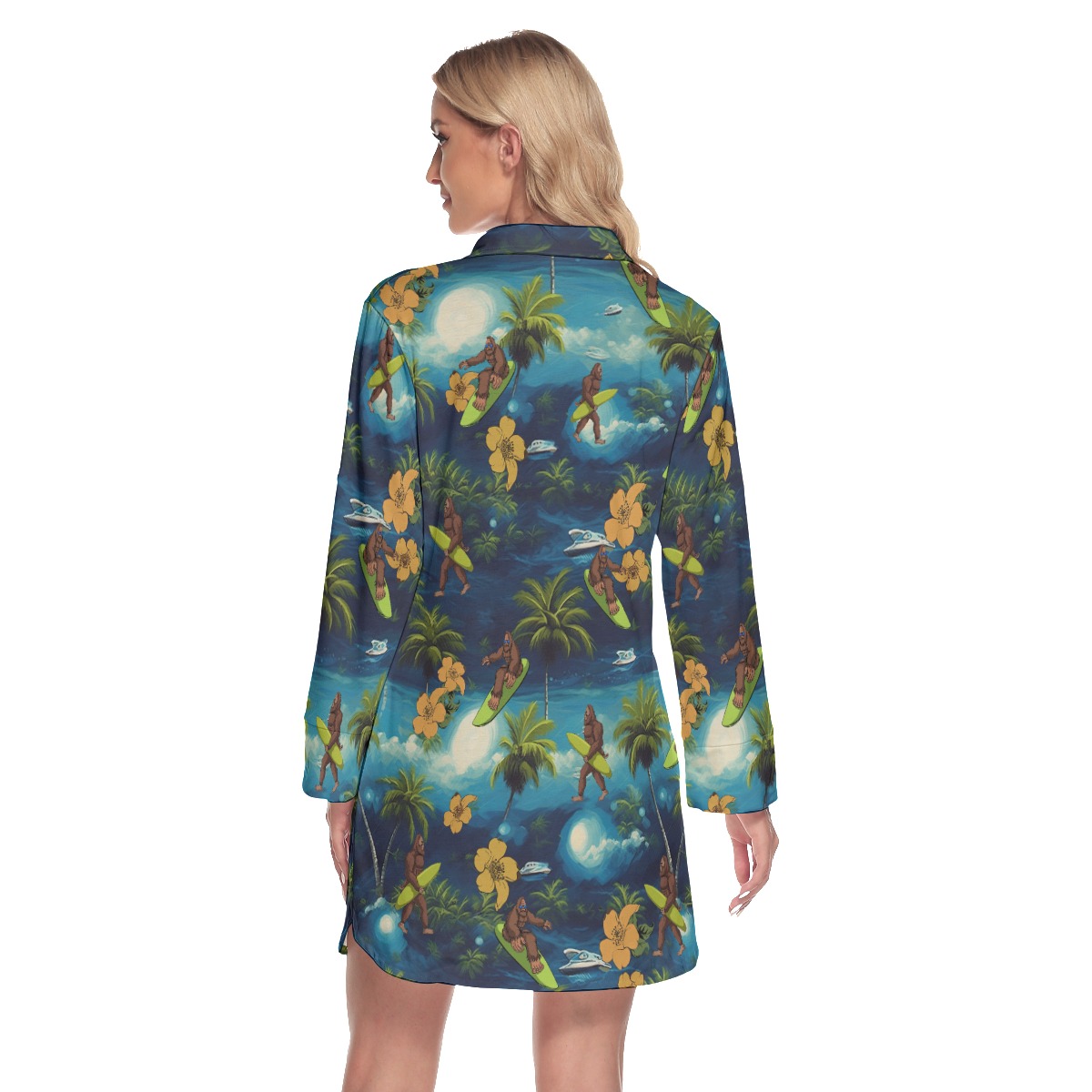 Bigfoot Surfing Tropical Hawaiian Shirt Dress With Long Sleeve For Women