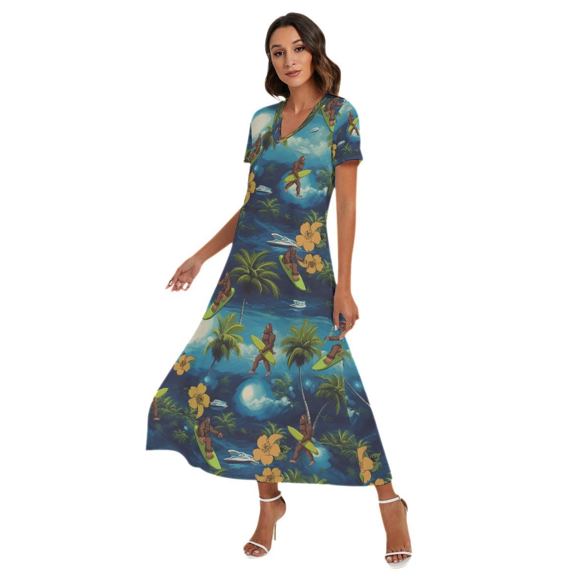 Bigfoot Surfing Tropical Hawaiian V-neck Dress With Side Slit