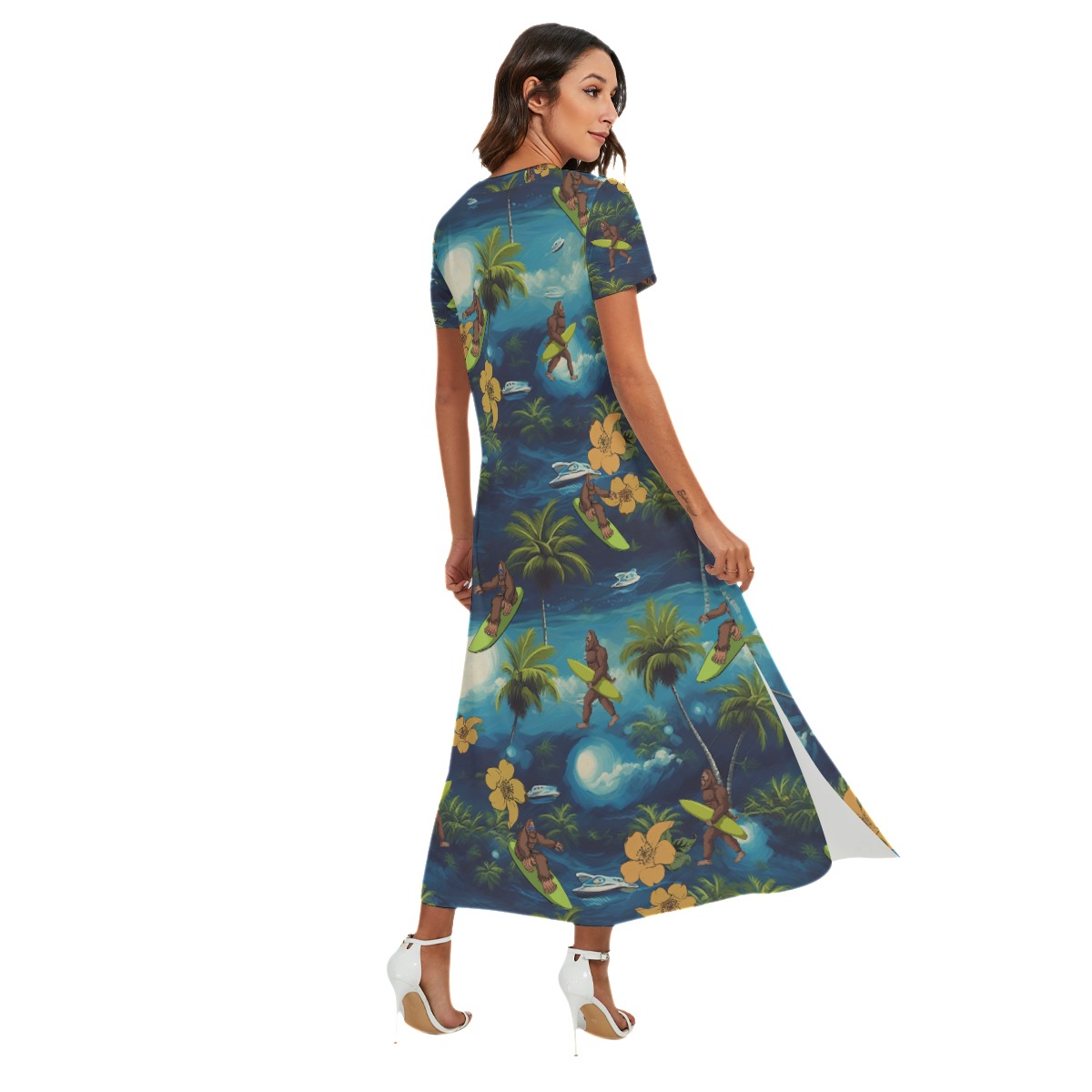 Bigfoot Surfing Tropical Hawaiian V-neck Dress With Side Slit