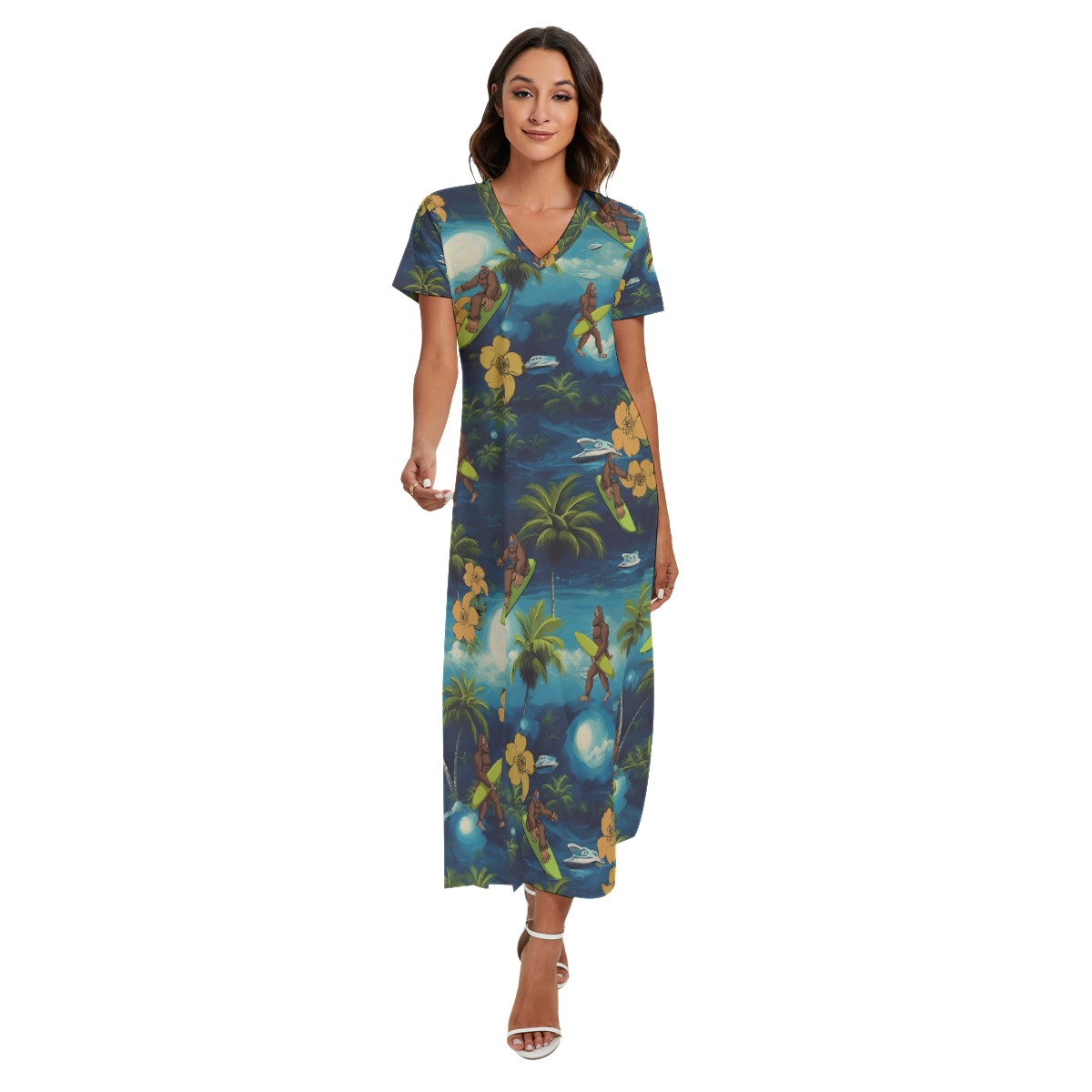 Bigfoot Surfing Tropical Hawaiian V-neck Dress With Side Slit