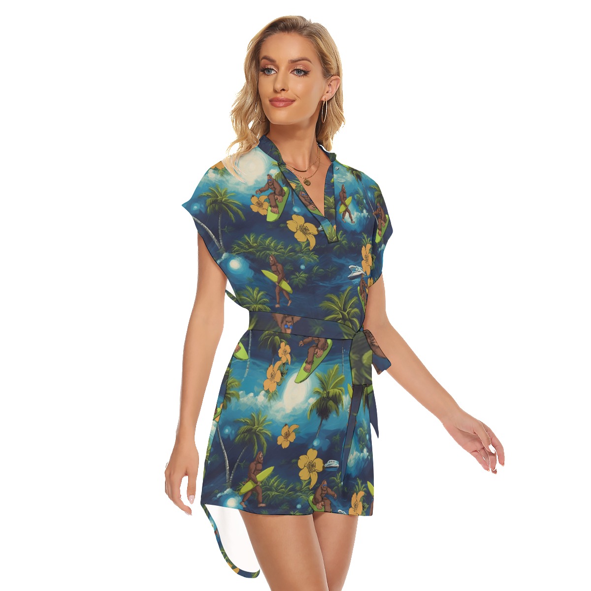 Bigfoot Surfing Tropical Hawaiian Dress With Belt