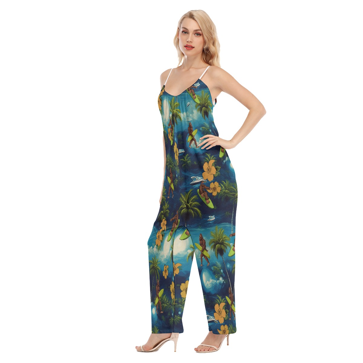 Funny Bigfoot Surfing Tropical Hawaiian Jumpsuit For Women