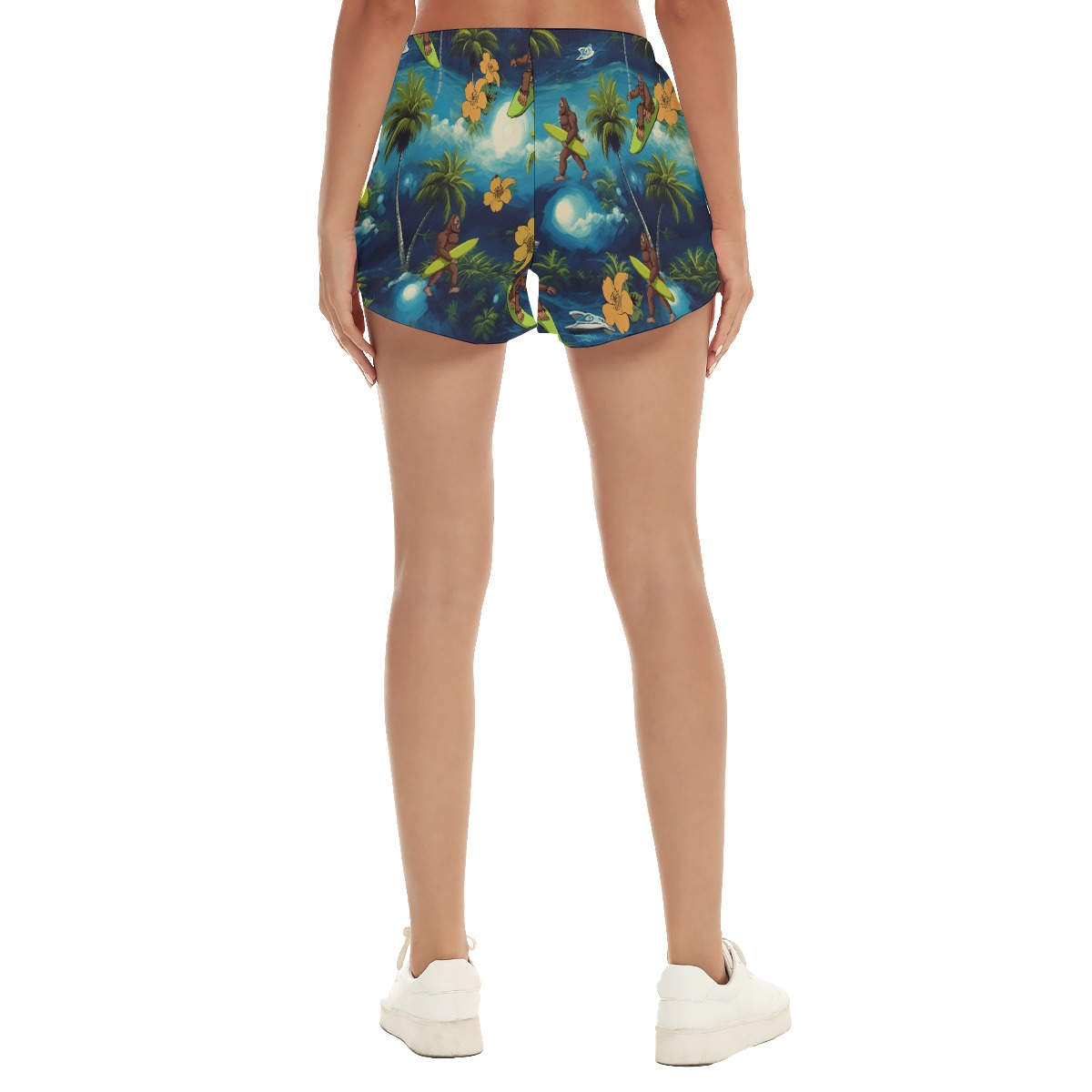 Palm Tree Bigfoot Surfing Hawaiian Summer Shorts For Women