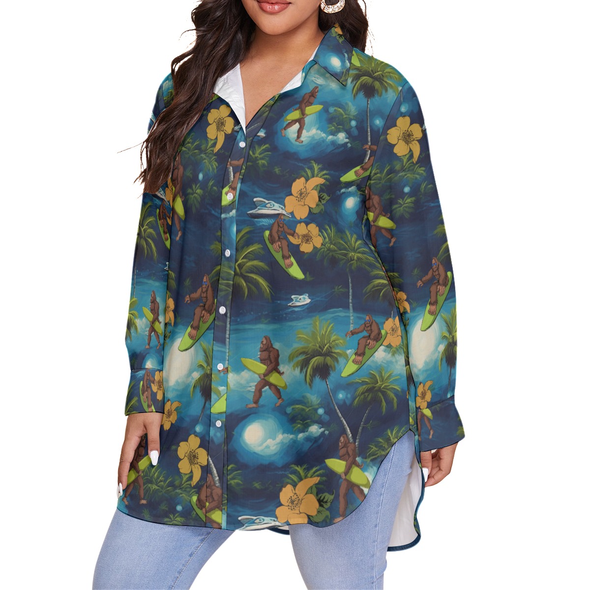 Palm Tree Bigfoot Surfing Hawaiian Plus Size Shirt For Women