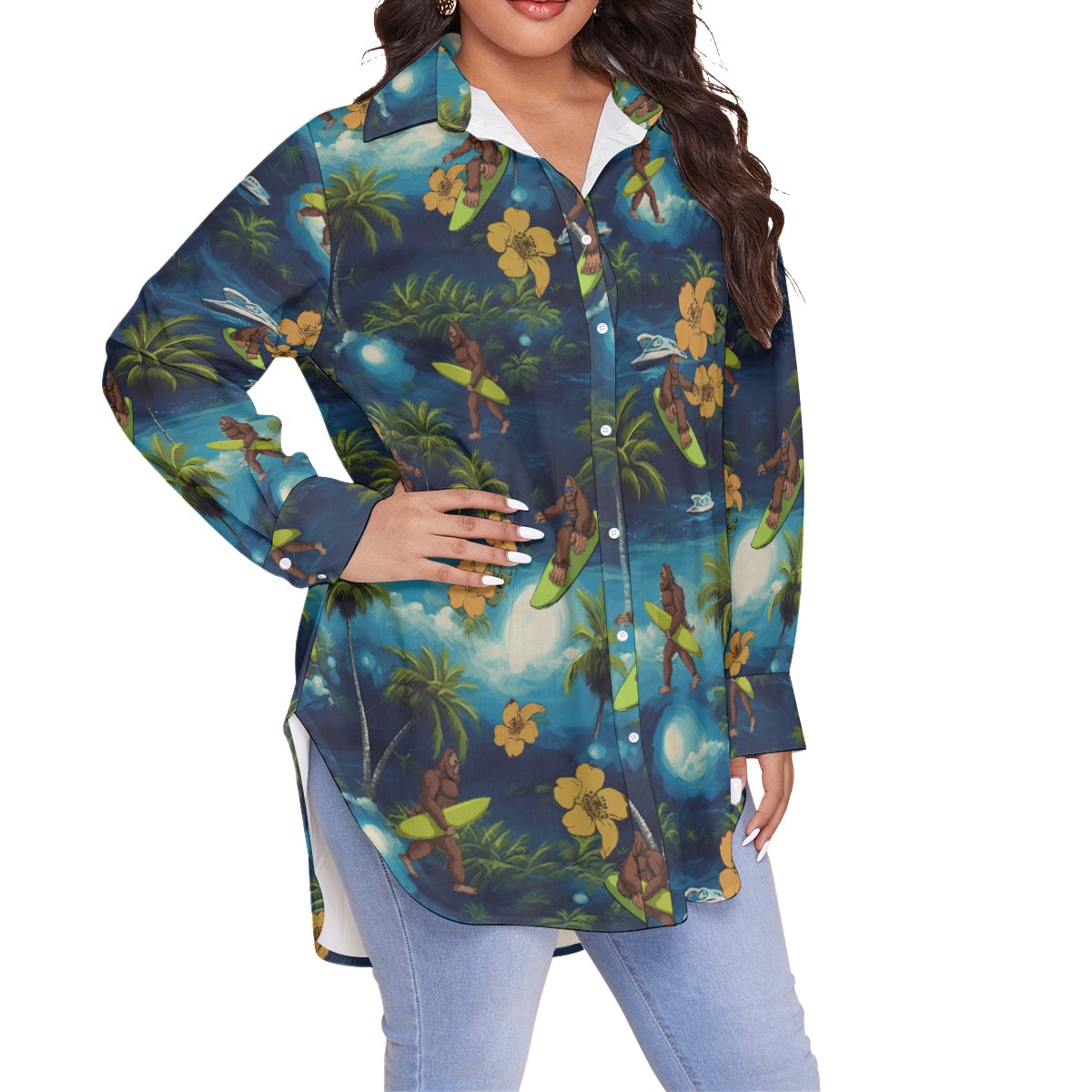 Palm Tree Bigfoot Surfing Hawaiian Plus Size Shirt For Women
