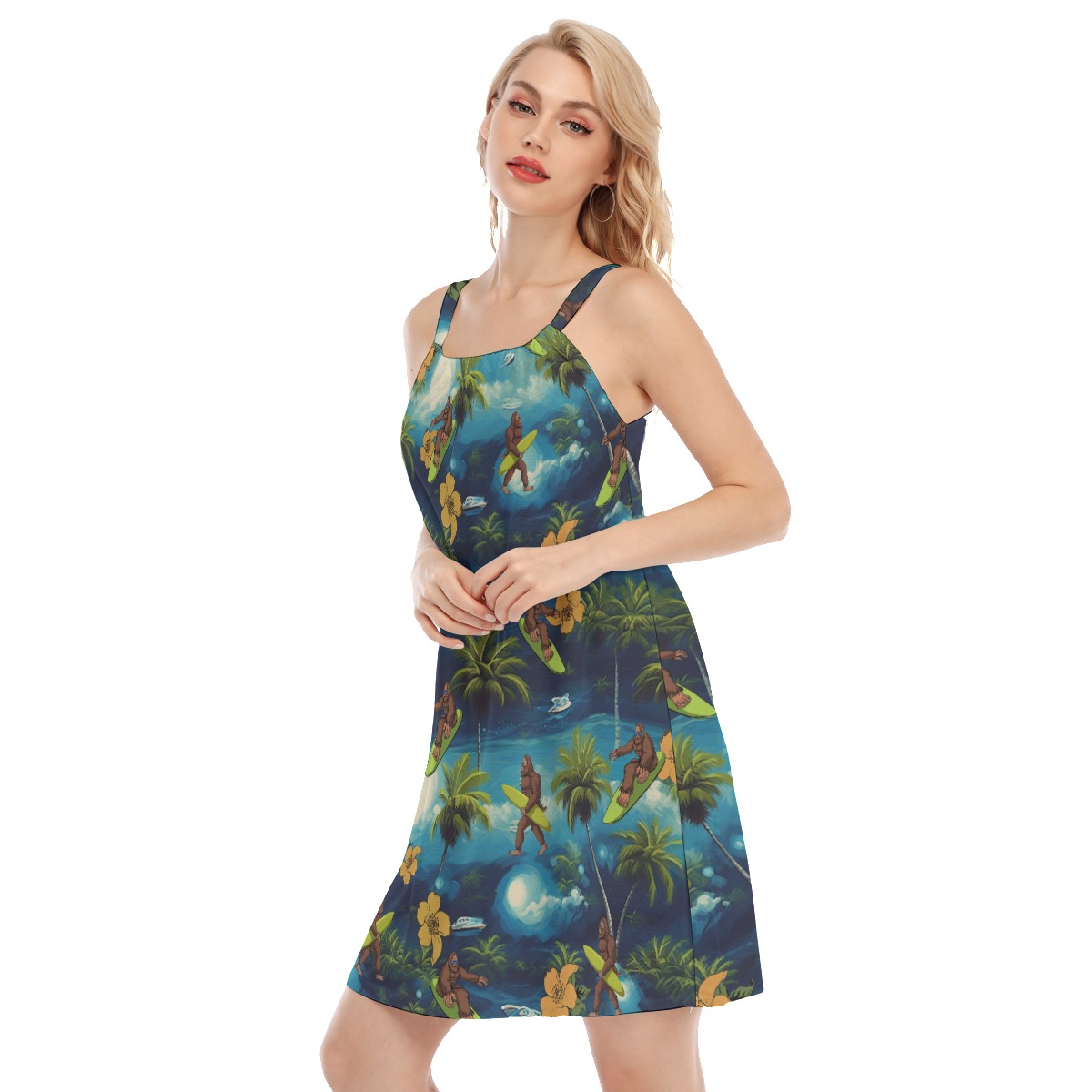 Funny Bigfoot Surfing Tropical Blue Hawaiian Cami Dress For Summer