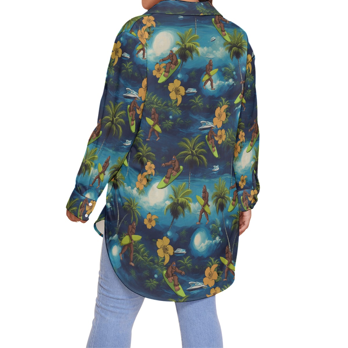Palm Tree Bigfoot Surfing Hawaiian Plus Size Shirt For Women