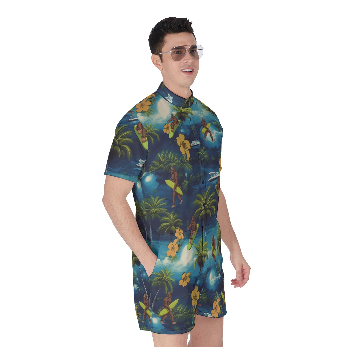 Funny Bigfoot Surfing Tropical Men's Hawaiian Romper