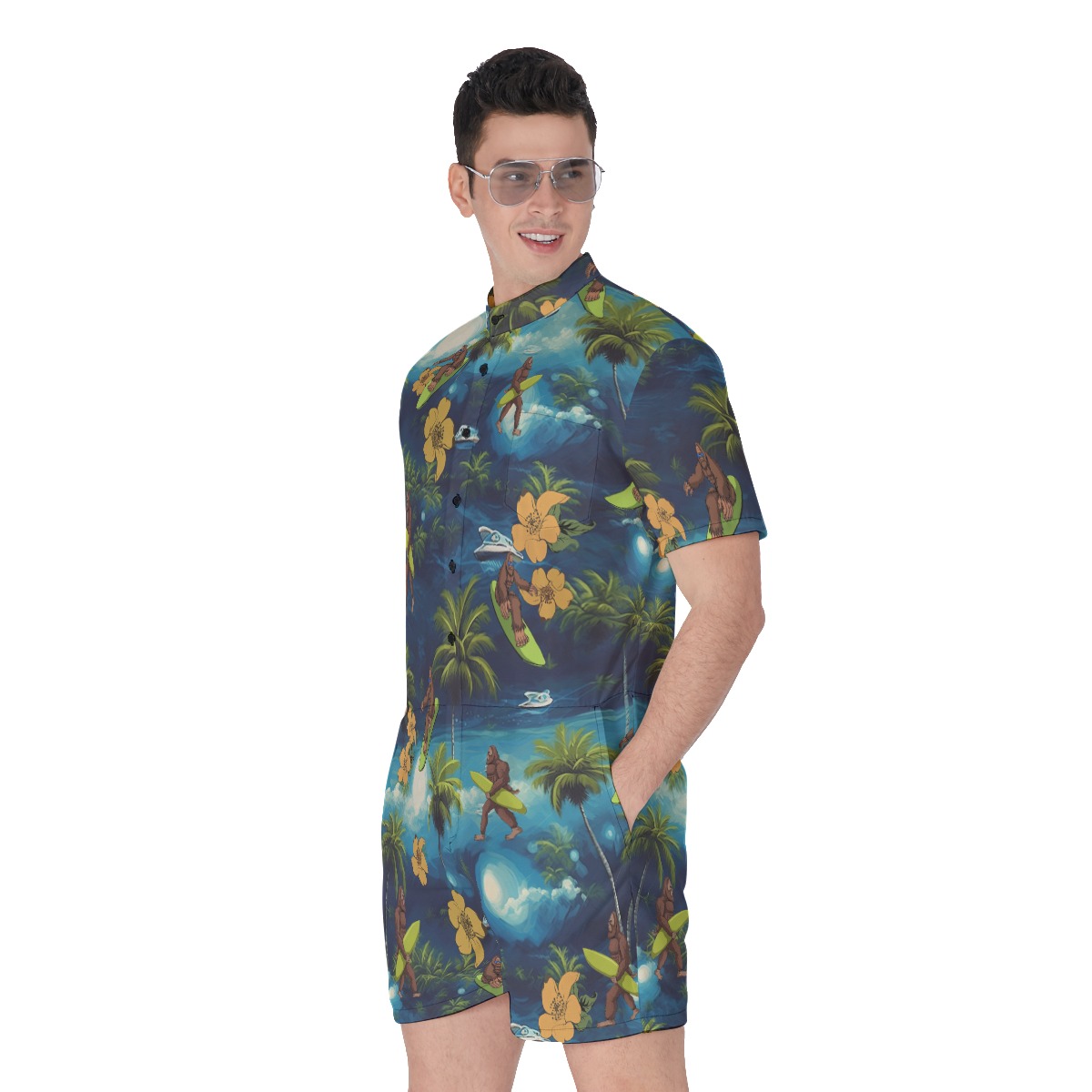 Funny Bigfoot Surfing Tropical Men's Hawaiian Romper