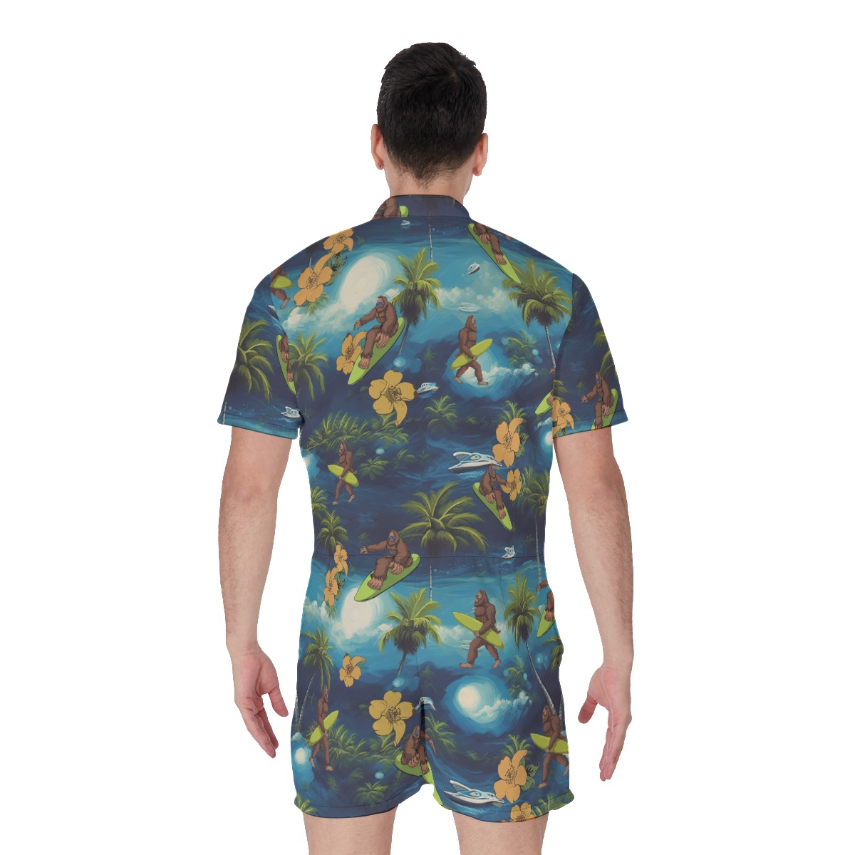 Funny Bigfoot Surfing Tropical Men's Hawaiian Romper