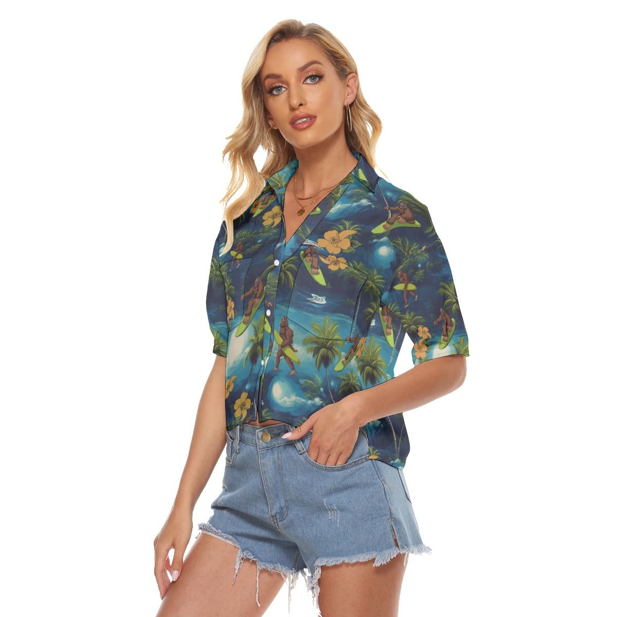 Funny Bigfoot Surfing Palm Tree Hawaiian Cropped Shirt For Women