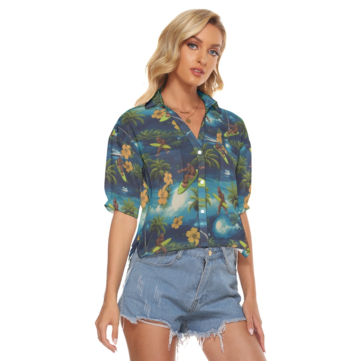 Funny Bigfoot Surfing Palm Tree Hawaiian Cropped Shirt For Women