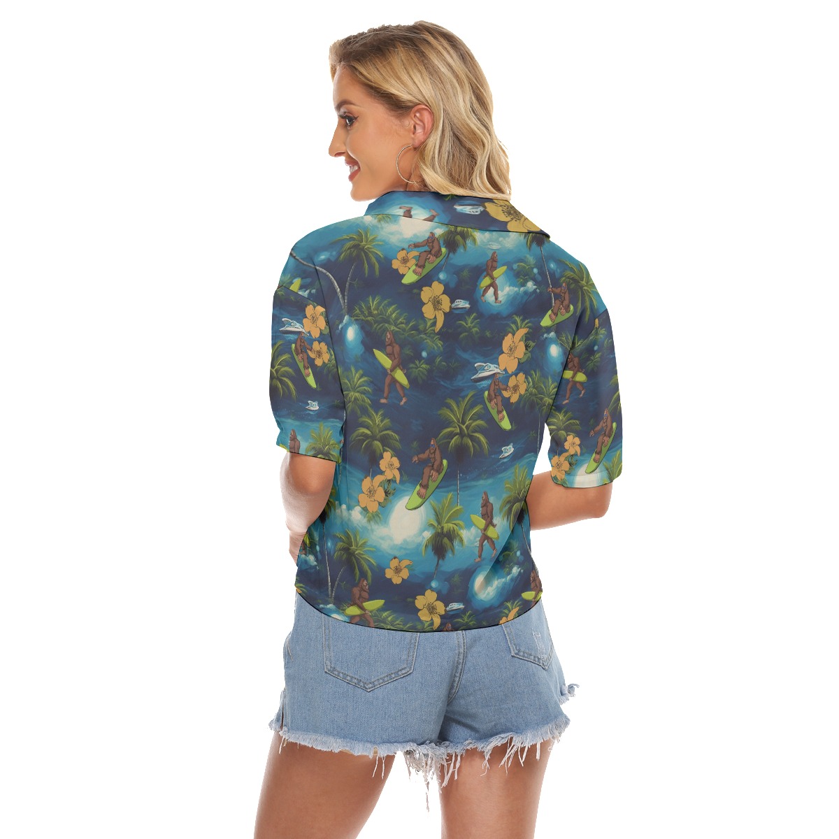 Funny Bigfoot Surfing Palm Tree Hawaiian Cropped Shirt For Women