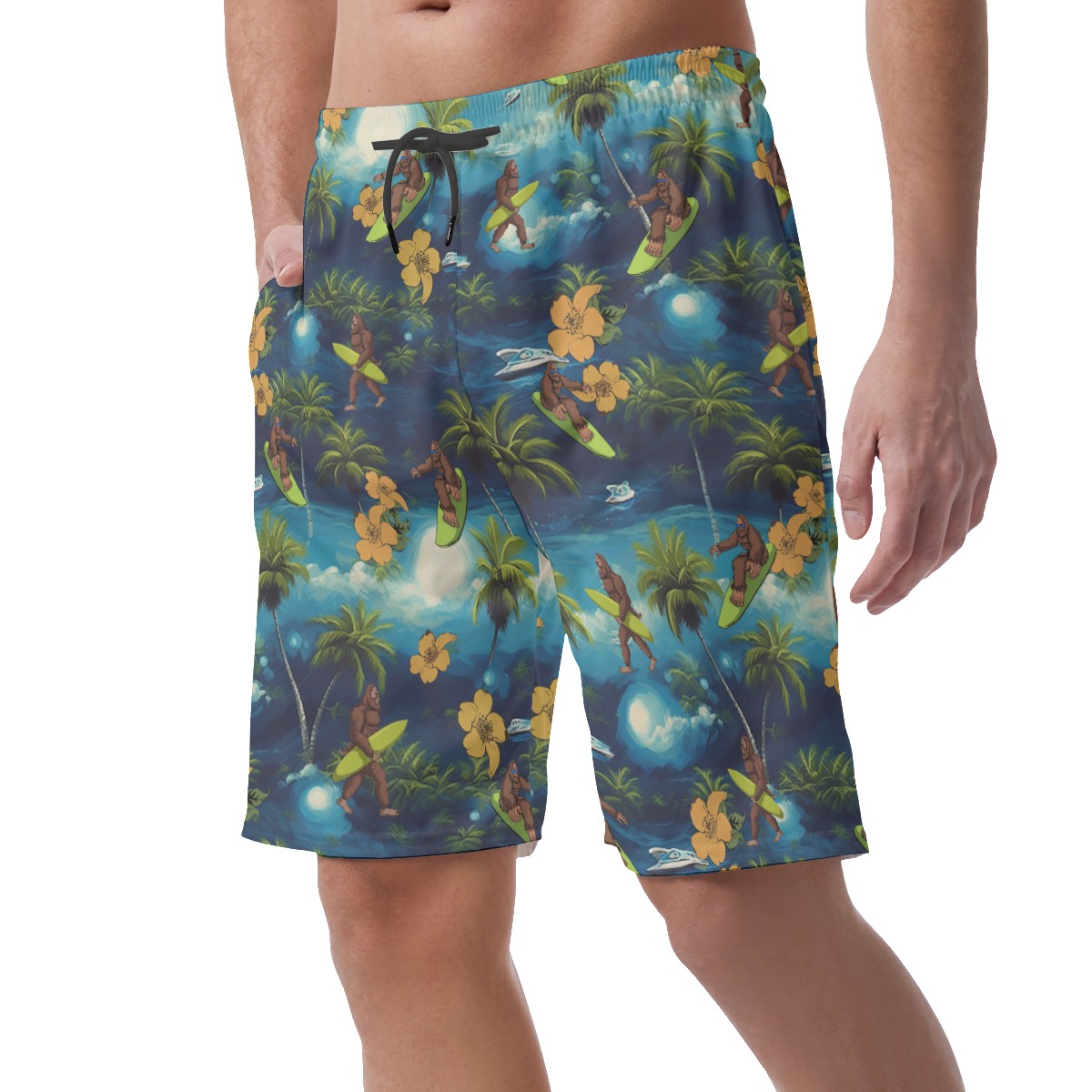 Funny Bigfoot Surfing Blue Hawaiian Beach Shorts For Men