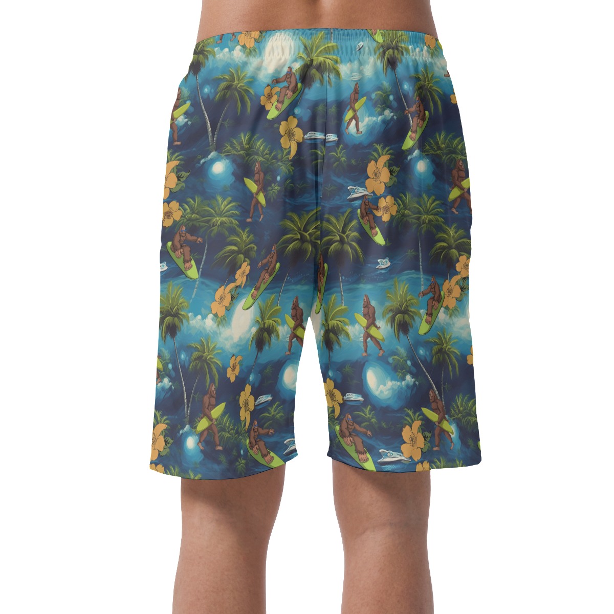 Funny Bigfoot Surfing Blue Hawaiian Beach Shorts For Men