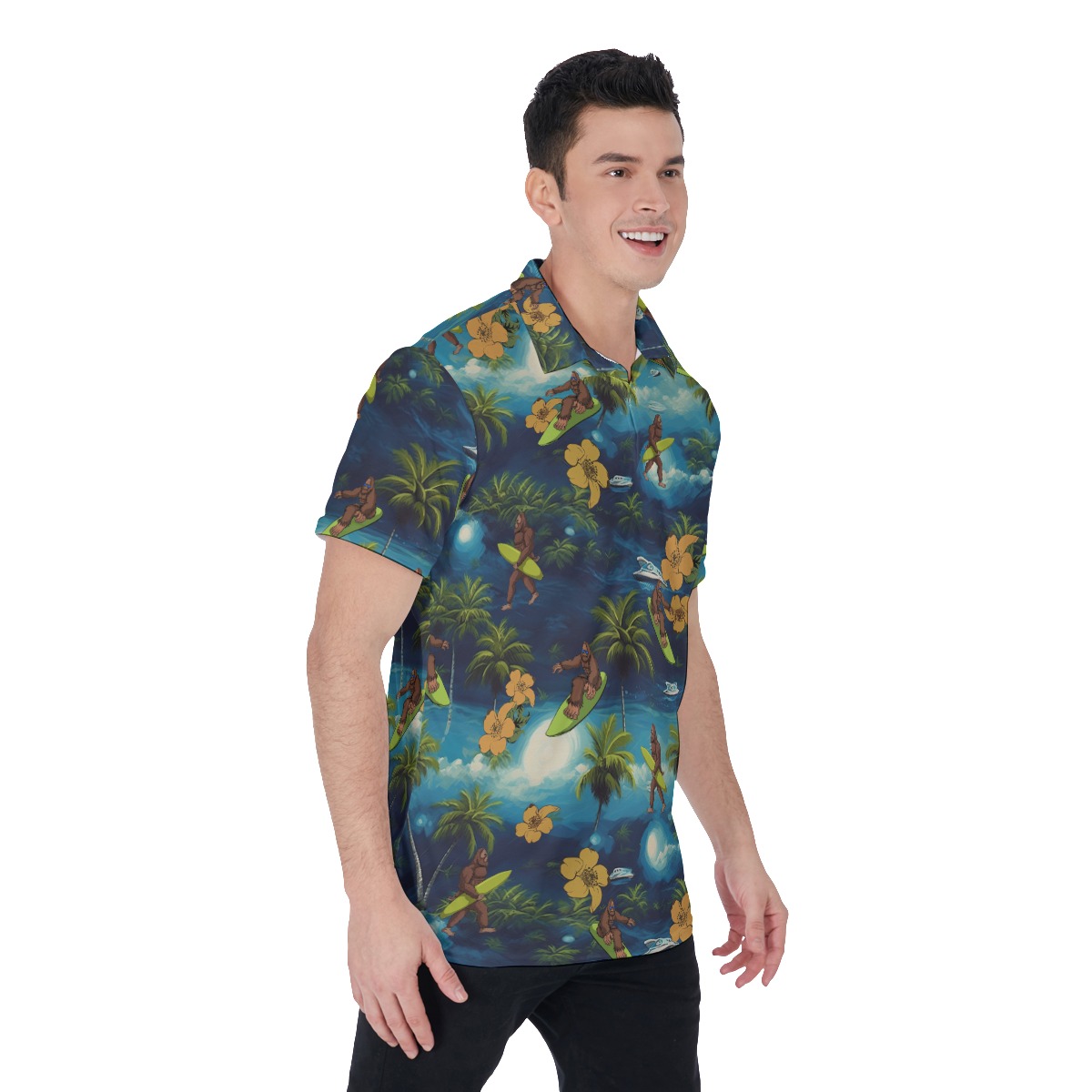 Tropical Palm Tree Bigfoot Surfing Hawaiian Polo Shirt