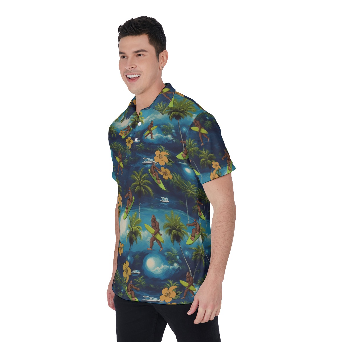 Tropical Palm Tree Bigfoot Surfing Hawaiian Polo Shirt